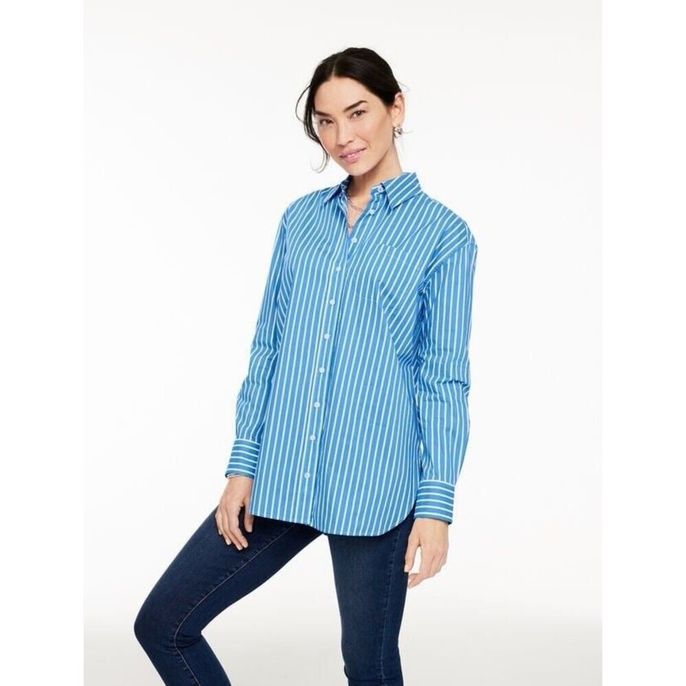 Talbots Everyday Relaxed Shirt - Sailor Stripe Women L Blue Cotton Button Down